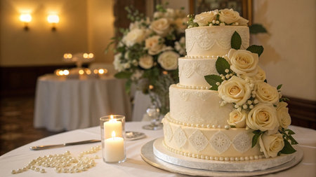 Wedding cake decorated with white roses and pearls on the tableの写真素材