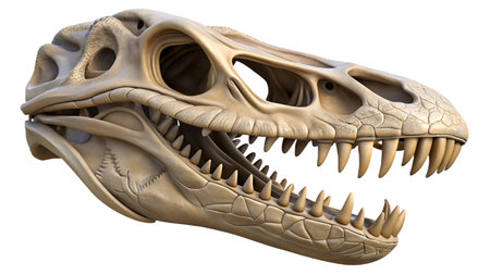 Dinosaur skull isolated on white background. 3D illustration. Clipping path included.の写真素材