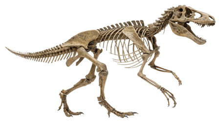 3D digital render of a dinosaur skeleton, isolated on white backgroundの写真素材