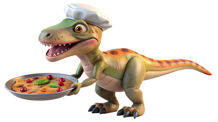 Cartoon dinosaur with chef hat holding a plate of food and smilingの写真素材