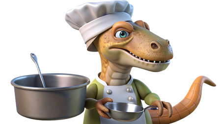 Cartoon dinosaur with chef hat holding a pan and a ladleの写真素材