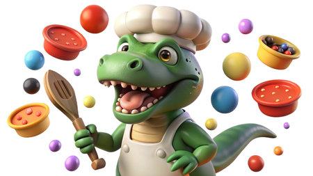 Cartoon crocodile chef with kitchen utensils and ladleの写真素材