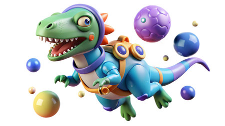 3d rendered illustration of a dinosaur cartoon character playing with balls.の写真素材
