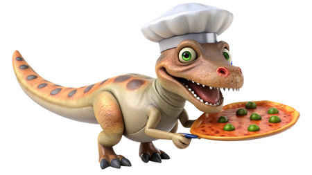 Cartoon dinosaur chef holding a pizza and a spatula, 3D illustrationの写真素材