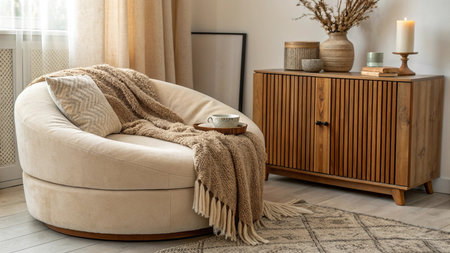 Cozy living room interior with armchair, coffee cup and plaidの写真素材