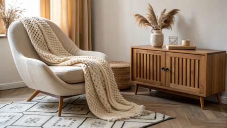 Cozy living room interior with armchair, coffee table and knitted plaidの写真素材