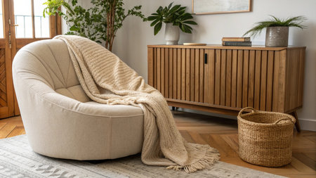 Cozy living room interior with armchair, carpet, basket and plant