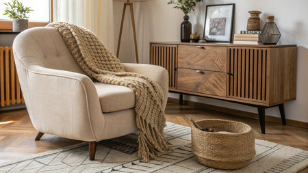 Cozy living room interior with beige armchair, wooden commode and elegant personal accessoriesの写真素材