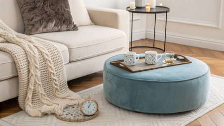 Cozy living room interior with coffee table, armchair and clockの写真素材