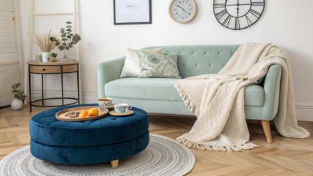 Cozy living room with blue sofa, coffee cup and plaidの写真素材