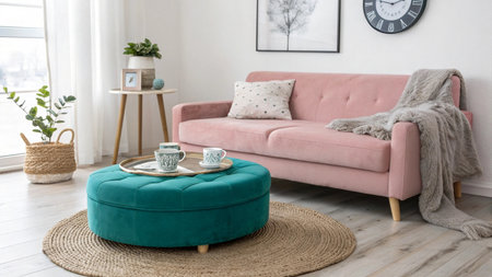 Interior of living room with comfortable sofa, coffee table and plantの写真素材