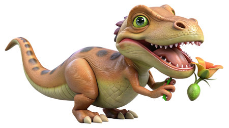 Cartoon dinosaur with a flower in his mouth - 3D Illustrationの写真素材