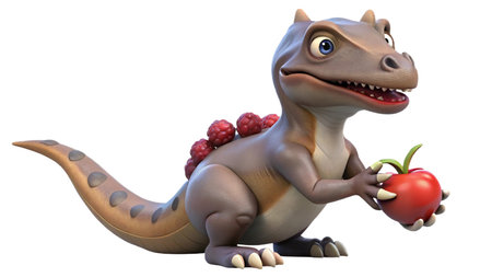 Fun dinosaur - 3D Illustration of a dinosaur with a tomatoの写真素材