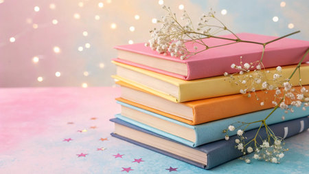 Stack of colorful books and gypsophila flowers on light background