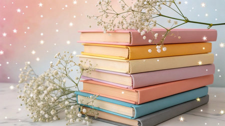 Stack of colorful books and gypsophila flowers on light backgroundの写真素材