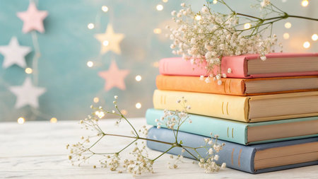 Books and gypsophila flowers on white wooden table against blurred lightsの写真素材
