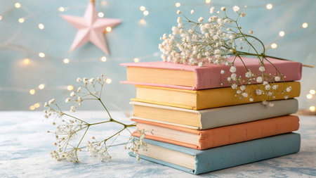 Stack of books with beautiful gypsophila flowers on light backgroundの写真素材