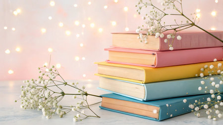 Pile of books and gypsophila flowers on light backgroundの写真素材