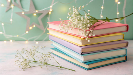 Books and gypsophila flowers on light background. Back to schoolの写真素材