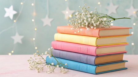 Books and lily of the valley flowers on a pink background.の写真素材