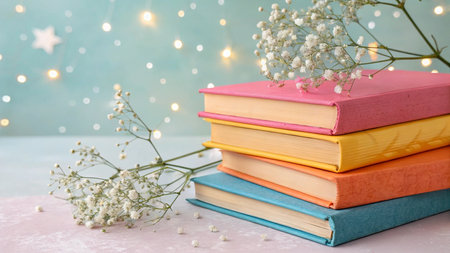 Stack of books and gypsophila flowers on light blue backgroundの写真素材