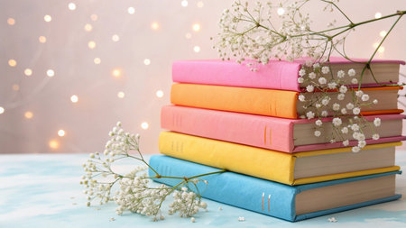 Stack of books and gypsophila flowers on table against blurred lightsの写真素材