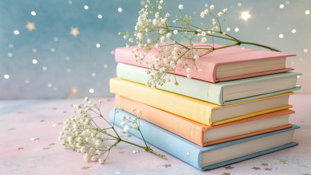 Stack of colorful books and gypsophila flowers on light backgroundの写真素材