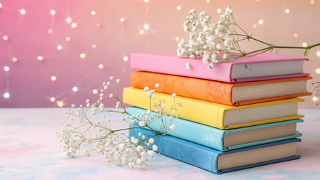 Books with gypsophila flowers on table against defocused lightsの写真素材