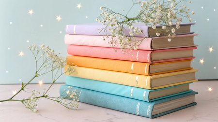 Stack of colorful books with gypsophila flowers on light backgroundの写真素材