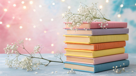 Books and gypsophila flowers on table against bokeh backgroundの写真素材