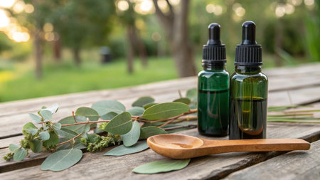 Eucalyptus essential oil in a glass bottle with fresh eucalyptus leaves on a wooden table.の写真素材