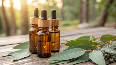 Eucalyptus essential oil in glass bottles with eucalyptus leaves.の写真素材