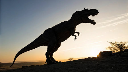 Silhouette of a tyrannosaurus rex at sunset in the desertの写真素材