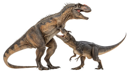 Tyrannosaurus rex dinosaurs fighting, isolated on white backgroundの写真素材