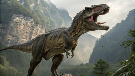 Tyrannosaurus dinosaur in the mountains.の写真素材