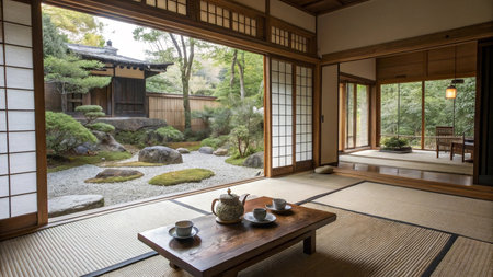 Japanese-style room with a view of the Japanese-style gardenの写真素材