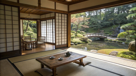 Japanese garden with pond and japanese style wooden table and chairsの写真素材