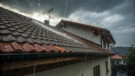 Rain is falling on the roof of a house in the village.の写真素材