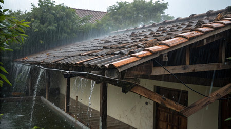 Rain falling on the roof of a house in the countryside of Thailandの写真素材