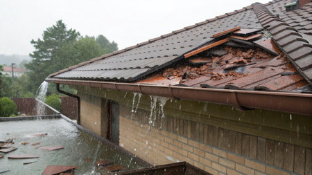 The roof of the house is damaged by the rain. Roof tiles are damaged.の写真素材