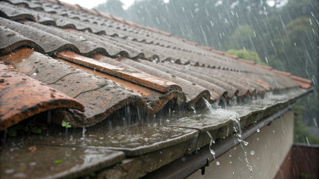 Rain drops on the roof of an old house. Rainy day.の写真素材