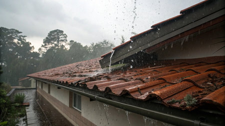 Rain falling on the roof of the house in the rainy season.