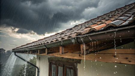 Rain on the roof of the house with raindrops falling down.