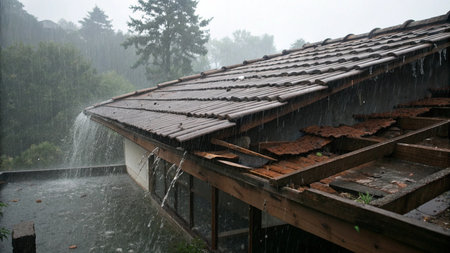 Rain falling on the roof of a house in the misty morningの写真素材