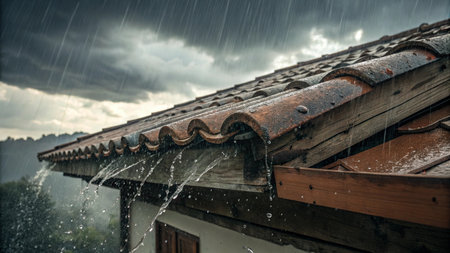 Rain drops on the roof of an old house in the village.