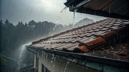 Rain falling on the roof of an old house. Rainy day.
