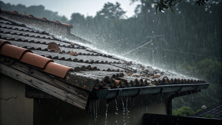 Rain falling on the roof of a house in the rainy season.の写真素材