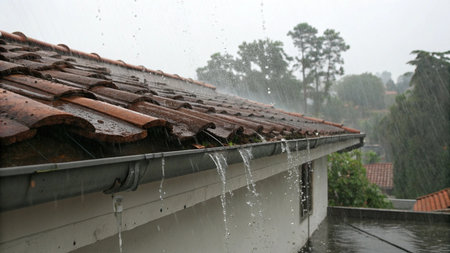 Rain falling on the roof of a house in a rainy day.