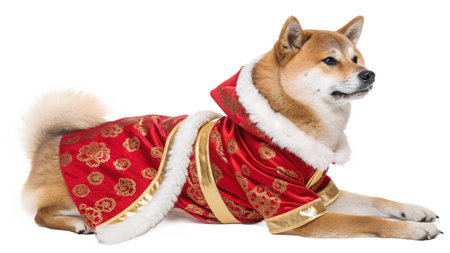 shiba inu wearing santa claus clothes in front of white backgroundの写真素材
