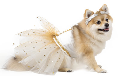 Pomeranian spitz wearing a ballet tutu in front of a white backgroundの写真素材